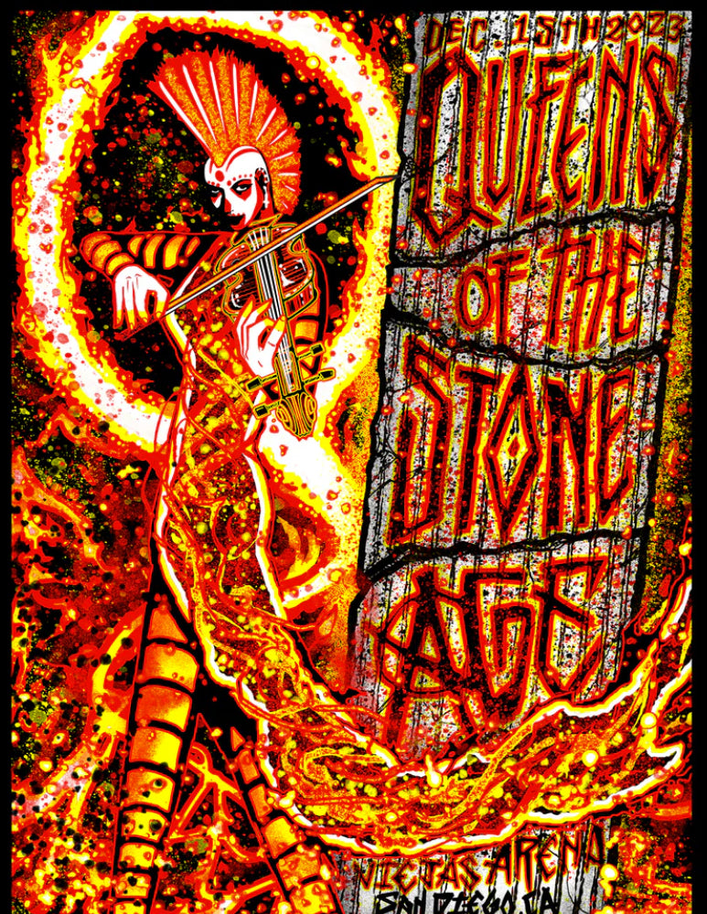 Image: https://soundandvisiongallery.co.uk/cdn/shop/files/FullSizeRender_0b7c4ade-ea81-4ed2-bead-d2ff697e4cbf.jpg?v=1721662799 Queens Of The Stone Age Gig Poster San Diego 2022 Brad Klausen Sound Vision Gallery